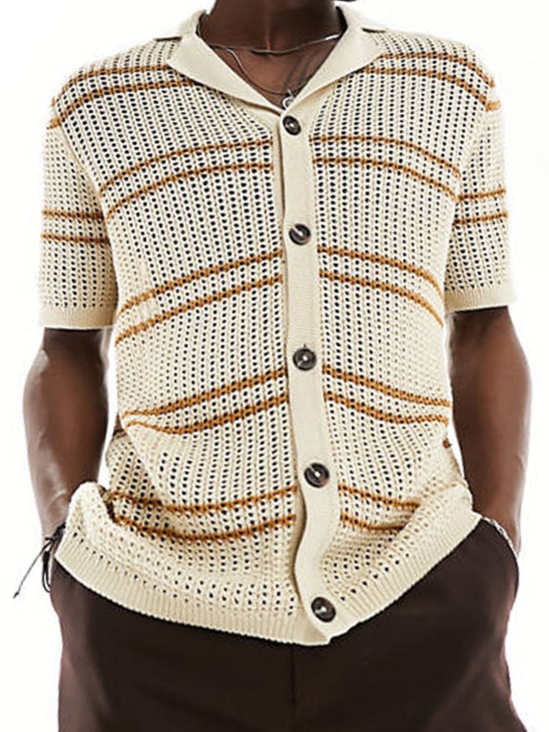 Men's Striped Collared Neck Hollow Out Shirt