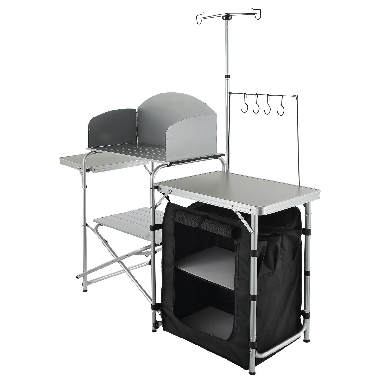 Camping Kitchen Table, Folding Outdoor Cooking Table with Storage Carrying Bag, Aluminum Cook Station 1 Cupboard & Detachable Windscreen, Quick Set-up for Picnics, BBQ, RV Traveling, Black