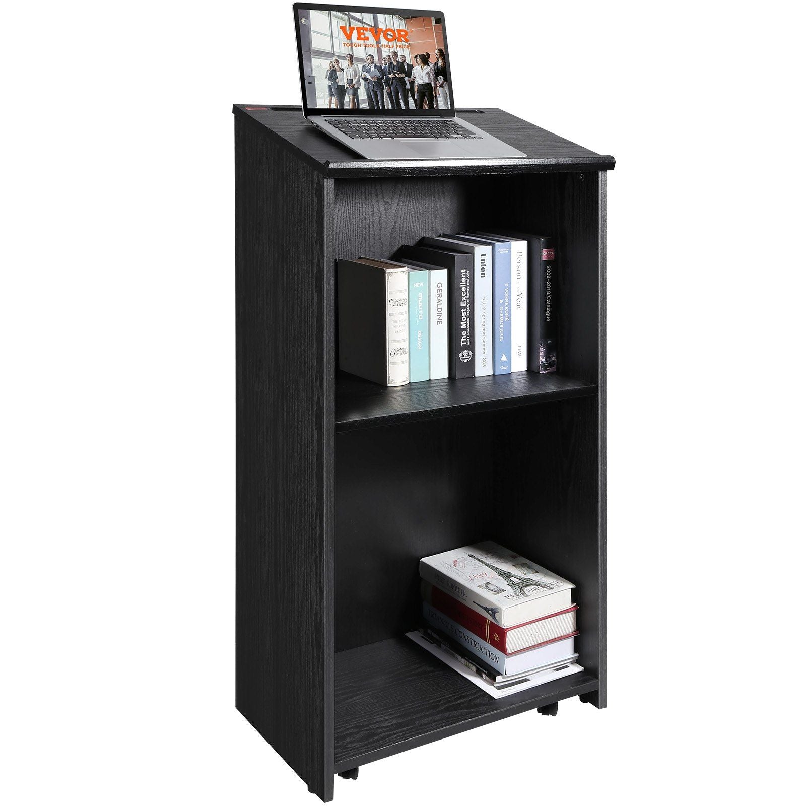 Podium Stand, 47 in Hostess Stand with 4 Rolling Wheels, Wood Podium with Storage Shelves, and Slant Desktop, Lecterns & Podiums for Church, Office, School, Home, Black