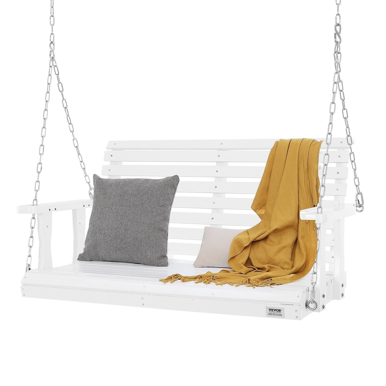 Wooden Porch Swing 4 ft, Patio bench swing for Courtyard & Garden, Upgraded 880 lbs Strong Load Capacity, Heavy Duty Swing Chair Bench with Hanging Chains for Outdoors, White