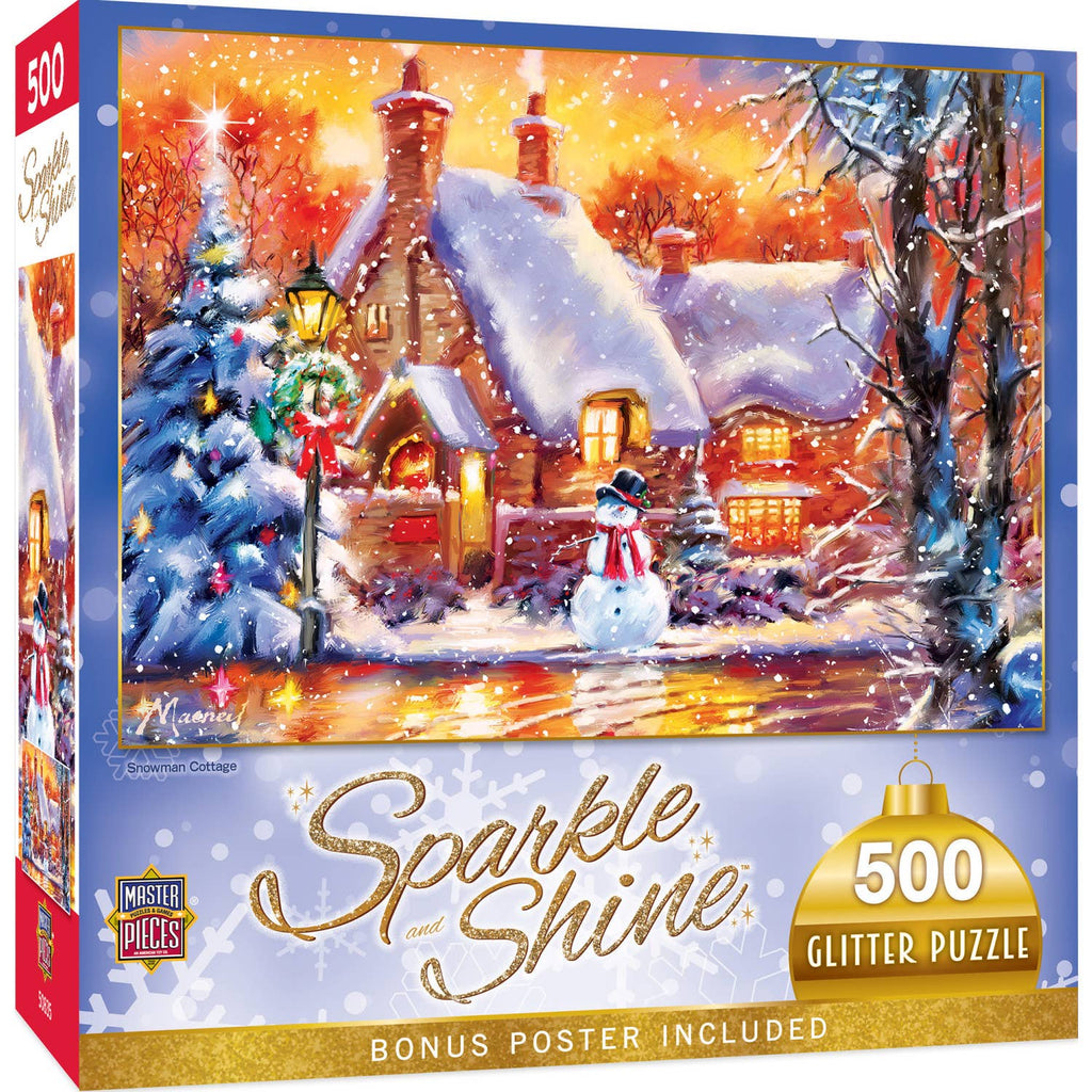 Sparkle & Shine - Snowman Cottage 500 Piece Glitter Jigsaw Puzzle | Masterpieces Puzzles